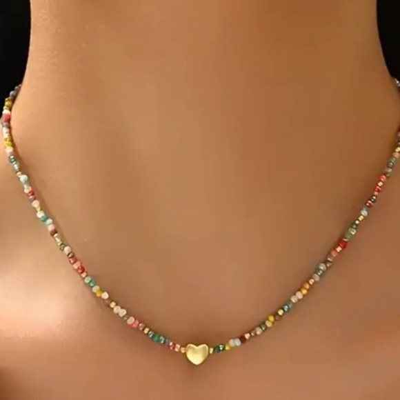 Colourful Beaded Necklace With Tiny Heart Pendant. - Picture 2 of 3